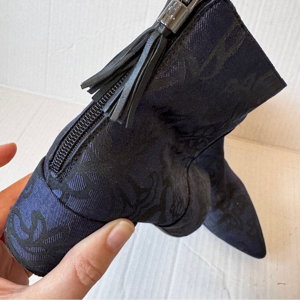 Karl Lagerfeld Blue Black Floral Fabric Ankle Boots Women’s 6.5 Fall Heeled Boot - Picture 3 of 10